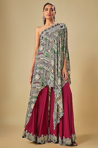 Burgundy Crepe & Lycra Embroidered Gharara Set by Nupur Kanoi