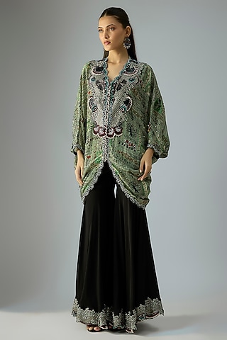 Black Crepe Embroidered Gharara Set by Nupur Kanoi