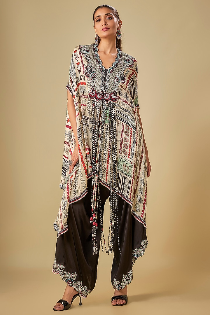 Off-White Satin Printed Cape Set by Nupur Kanoi at Pernia's Pop Up Shop