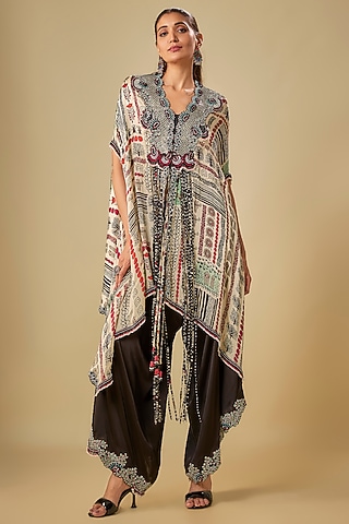 Off-White Satin Printed Cape Set by Nupur Kanoi