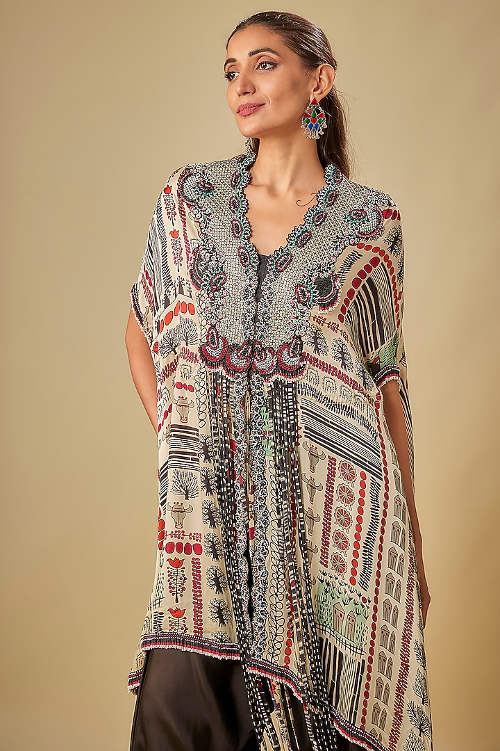 Off-White Satin Printed Cape Set by Nupur Kanoi at Pernia's Pop Up Shop