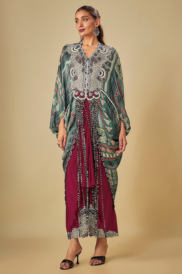 Burgundy Satin Pick-Up Skirt Set by Nupur Kanoi at Pernia's Pop Up Shop