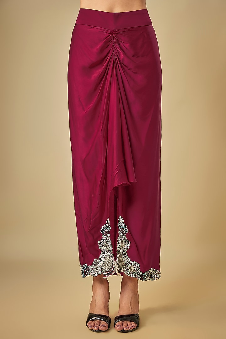 Burgundy Satin Pick-Up Skirt Set by Nupur Kanoi at Pernia's Pop Up Shop