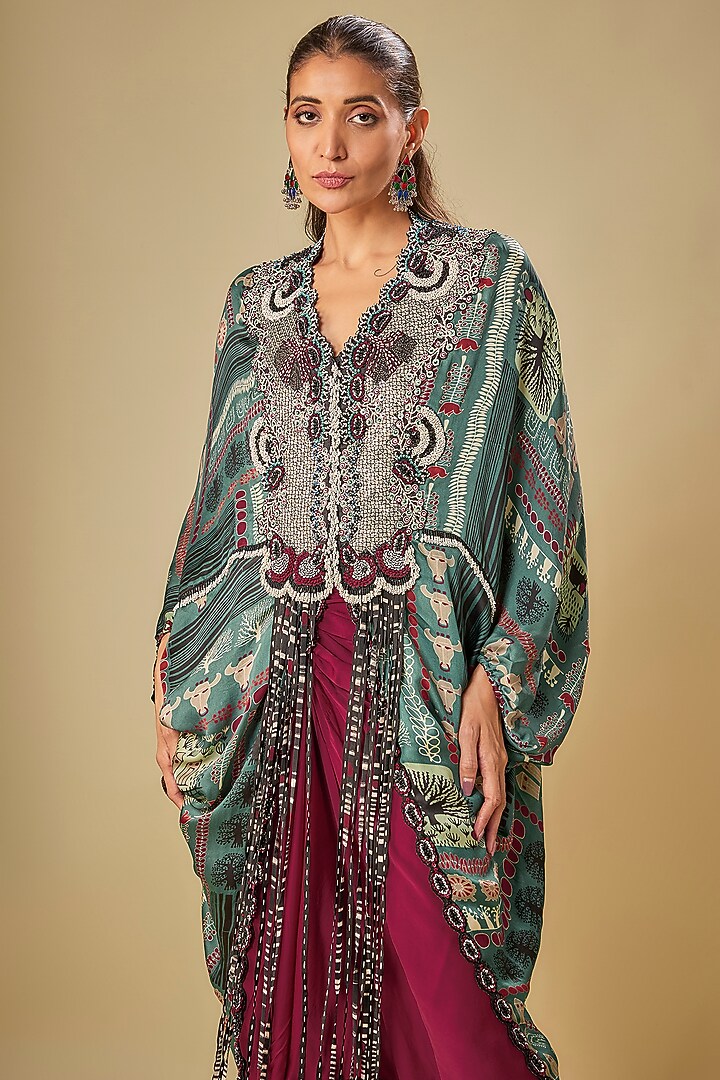 Burgundy Satin Pick-Up Skirt Set by Nupur Kanoi at Pernia's Pop Up Shop