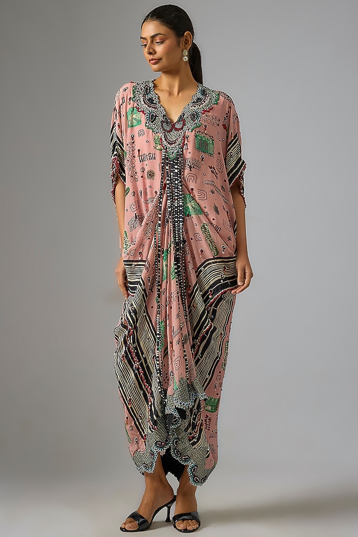 Old Rose Crepe Embroidered & Printed Kaftan Maxi Dress by Nupur Kanoi at Pernia's Pop Up Shop