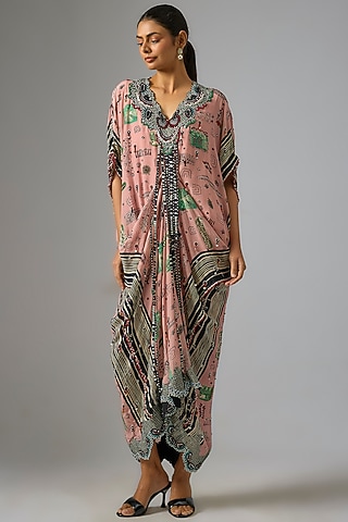 Old Rose Crepe Embroidered & Printed Kaftan Maxi Dress by Nupur Kanoi