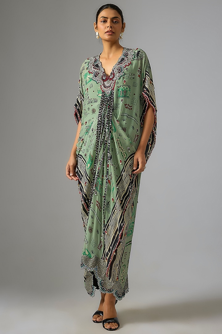 Mint Crepe Embroidered & Printed Kaftan Maxi Dress by Nupur Kanoi at Pernia's Pop Up Shop