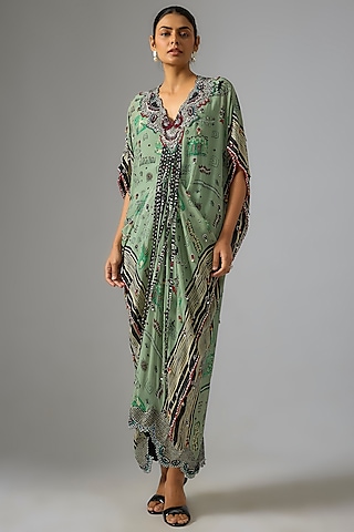 Mint Crepe Embroidered & Printed Kaftan Maxi Dress by Nupur Kanoi