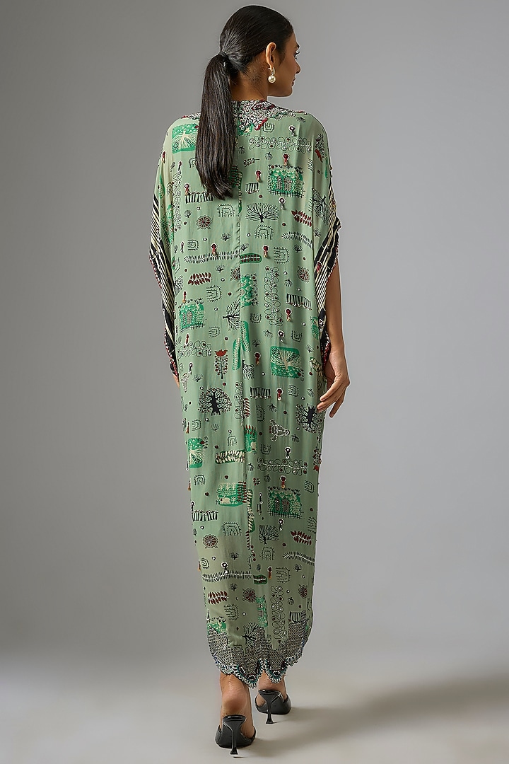 Mint Crepe Embroidered & Printed Kaftan Maxi Dress by Nupur Kanoi at Pernia's Pop Up Shop