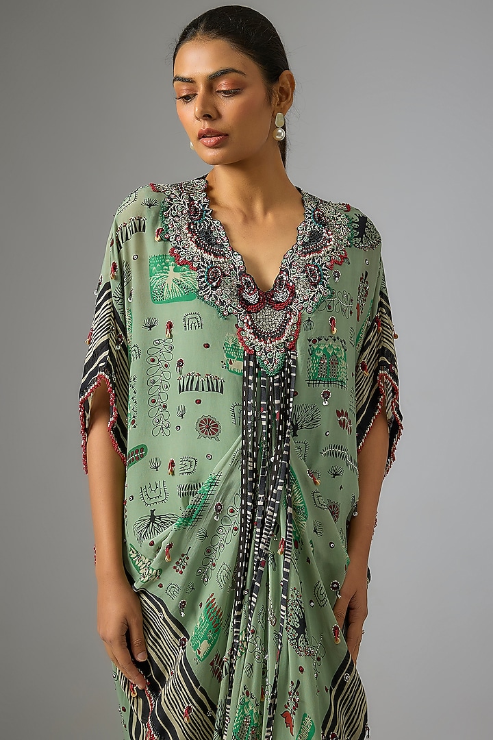 Mint Crepe Embroidered & Printed Kaftan Maxi Dress by Nupur Kanoi at Pernia's Pop Up Shop
