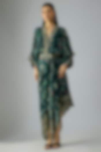 Teal Crepe Digital Printed Kaftan Wrap Dress by Nupur Kanoi at Pernia's Pop Up Shop