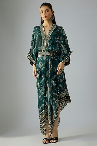 Teal Crepe Digital Printed Kaftan Wrap Dress by Nupur Kanoi