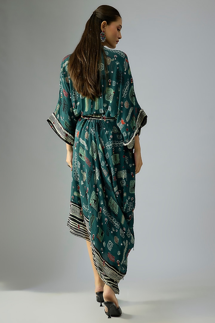 Teal Crepe Digital Printed Kaftan Wrap Dress by Nupur Kanoi at Pernia's Pop Up Shop