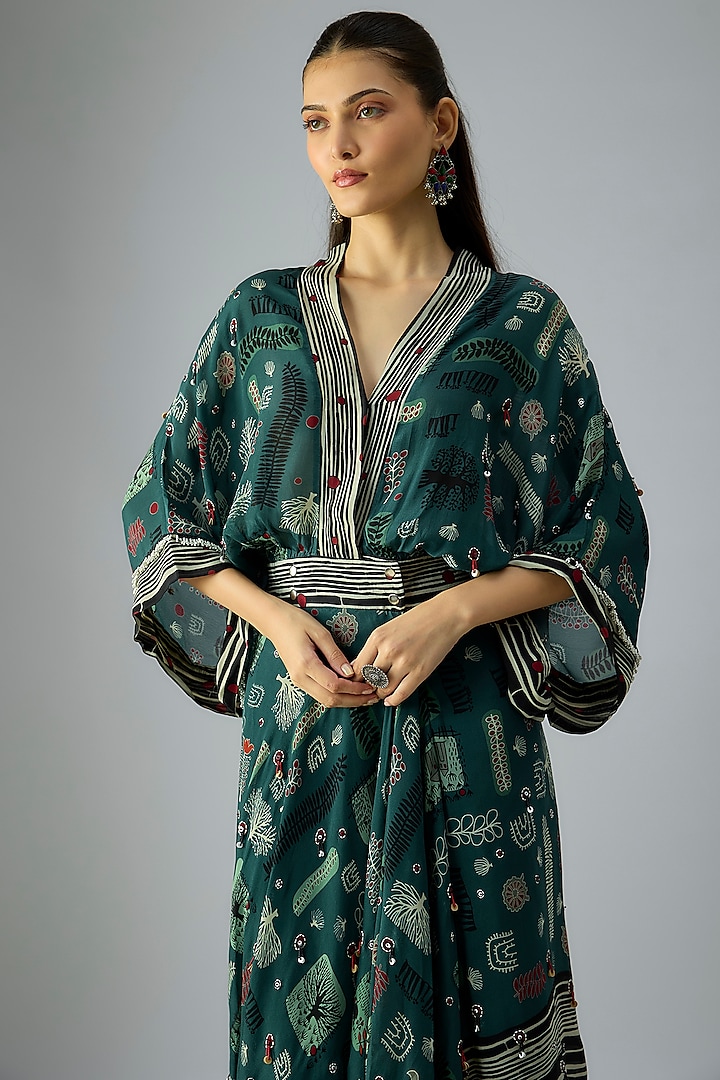 Teal Crepe Digital Printed Kaftan Wrap Dress by Nupur Kanoi at Pernia's Pop Up Shop