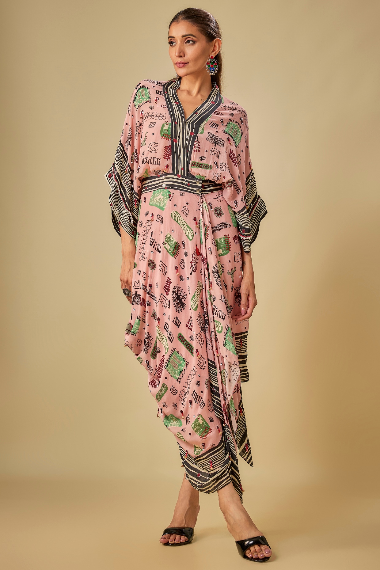 Old Rose Crepe Printed Kaftan Wrap Cocktail Dress by Nupur Kanoi