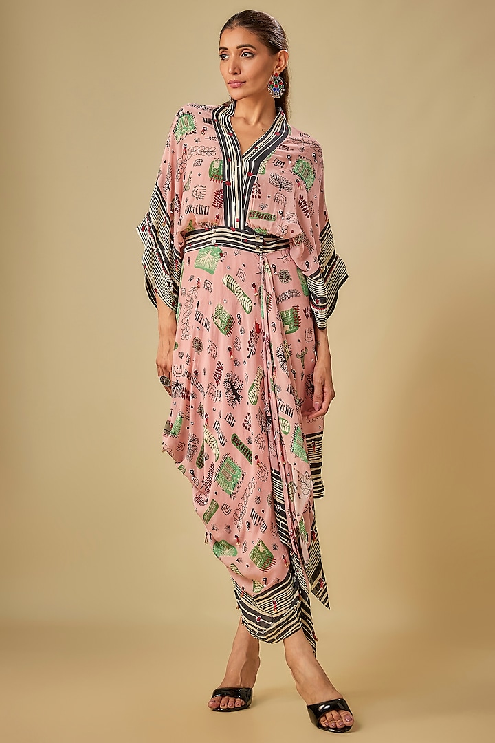 Old Rose Crepe Printed Kaftan Wrap Cocktail Dress by Nupur Kanoi at Pernia's Pop Up Shop