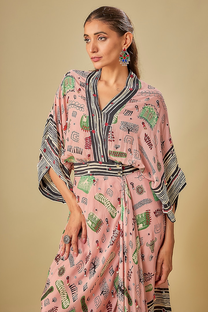 Old Rose Crepe Printed Kaftan Wrap Cocktail Dress by Nupur Kanoi at Pernia's Pop Up Shop