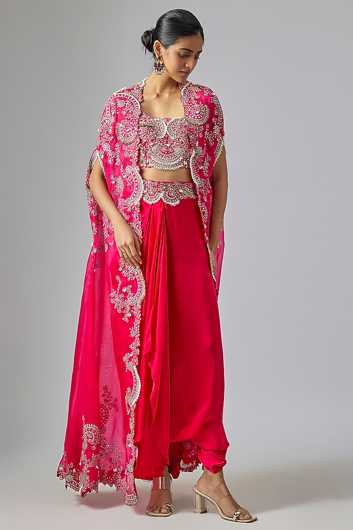 Fuchsia Organza Hand Embroidered Cape Set by Nupur Kanoi at Pernia's Pop Up Shop