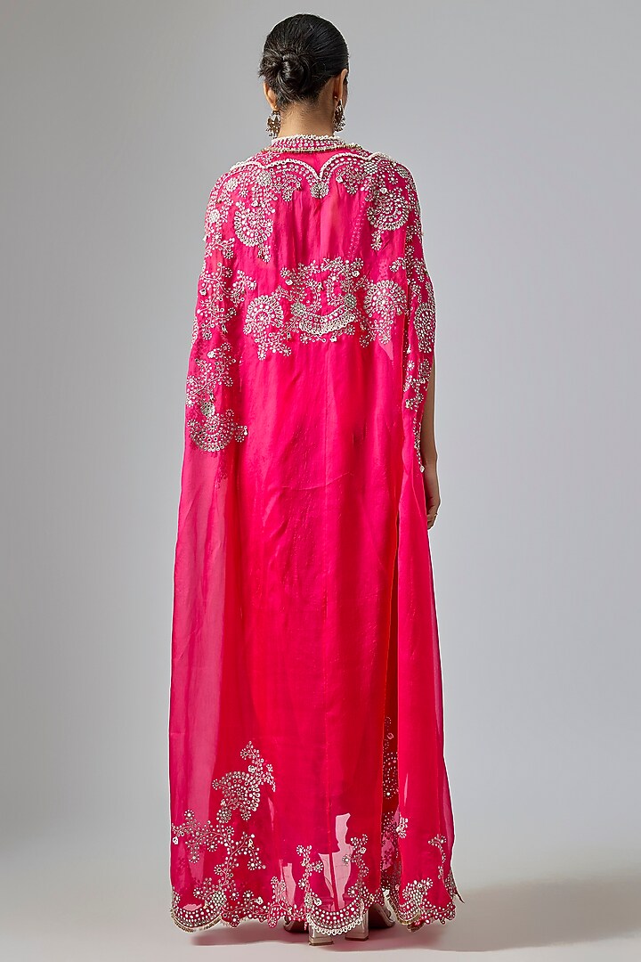 Fuchsia Organza Hand Embroidered Cape Set by Nupur Kanoi at Pernia's Pop Up Shop