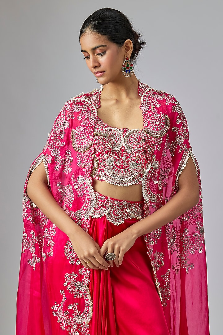 Fuchsia Organza Hand Embroidered Cape Set by Nupur Kanoi at Pernia's Pop Up Shop