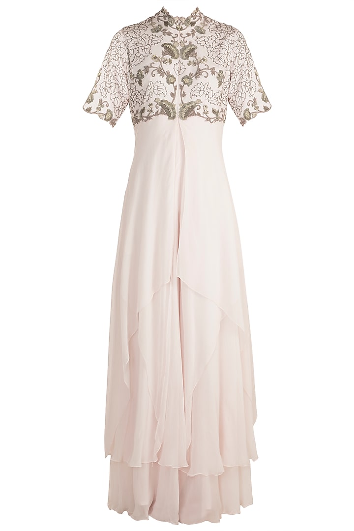 Baby Pink Floral Frill Jumpsuit by Nupur Kanoi