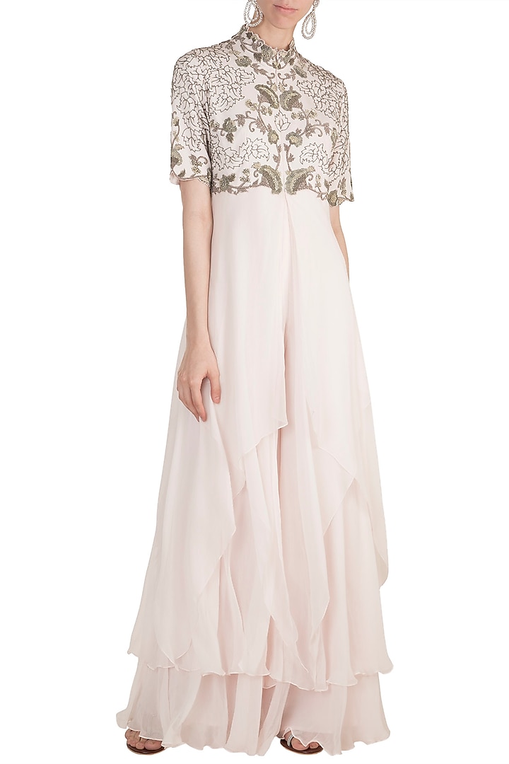 Baby Pink Floral Frill Jumpsuit by Nupur Kanoi at Pernia's Pop Up Shop