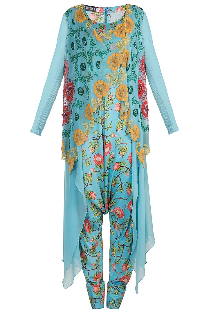 Blue Printed Layered Waistcoat With Pleated Jumpsuit by Nupur Kanoi