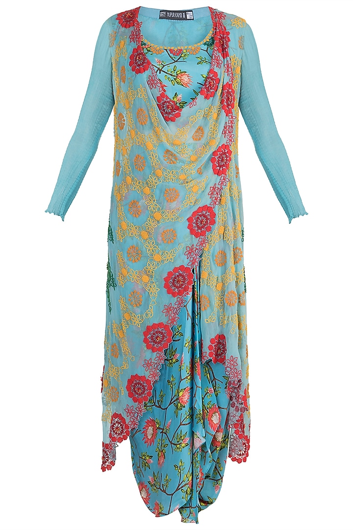 Sky Blue Printed Long Waistcoat With Blouse & Skirt by Nupur Kanoi