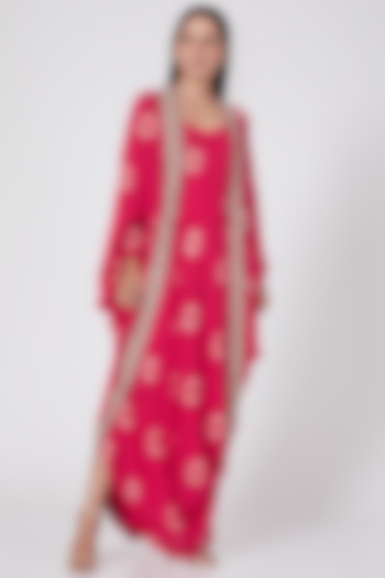 Red Printed Cowl Dress With Cape by Nupur Kanoi