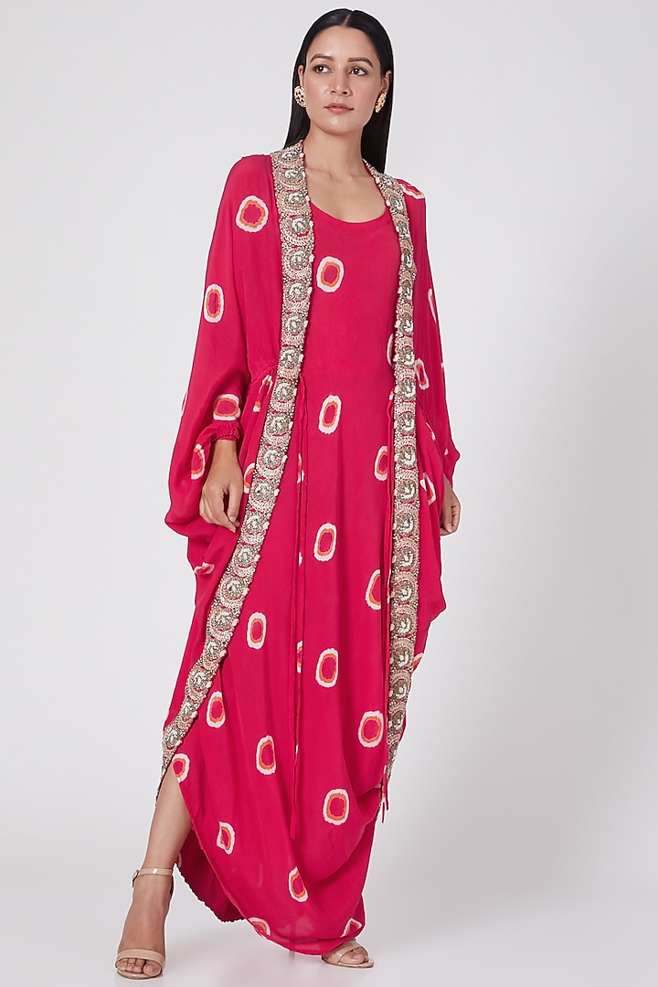 Red Printed Cowl Dress With Cape by Nupur Kanoi