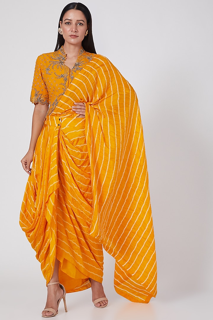 Yellow Striped Saree Set by Nupur Kanoi