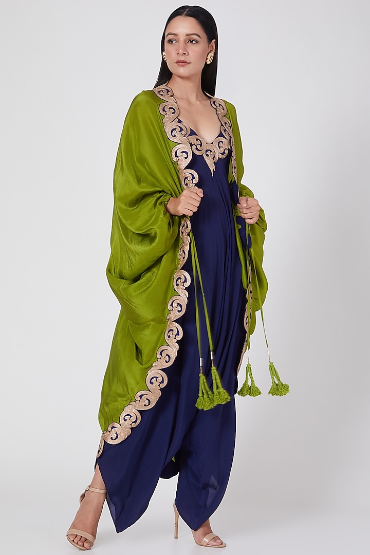 Purple Jumpsuit With Mehendi Green Cape by Nupur Kanoi