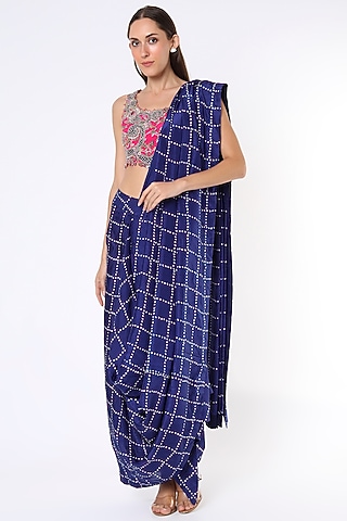 Navy Blue Bandhani Pre-Draped Saree Set by Nupur Kanoi