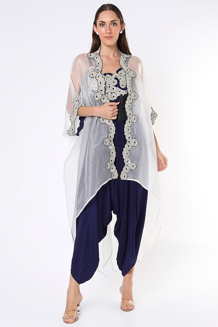 Navy Blue Embroidered Jumpsuit With Tailcoat by Nupur Kanoi