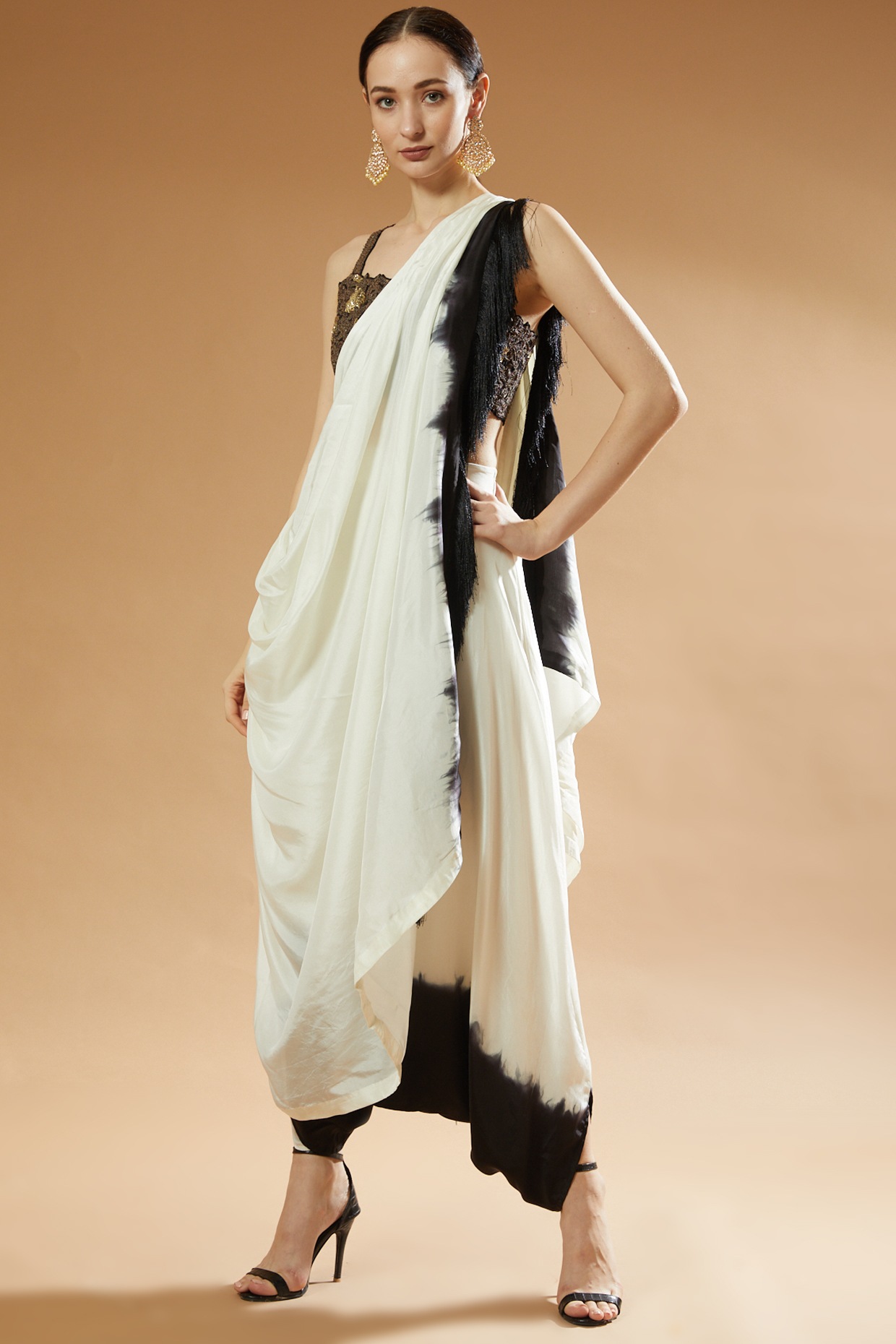 Black Draped Saree with Embellished Cape