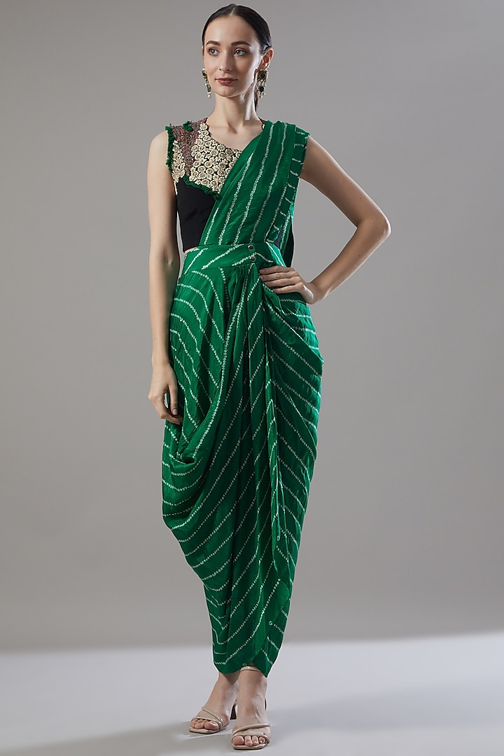 Green Crepe Tie-Dye Printed Pre-Draped Saree Set by Nupur Kanoi