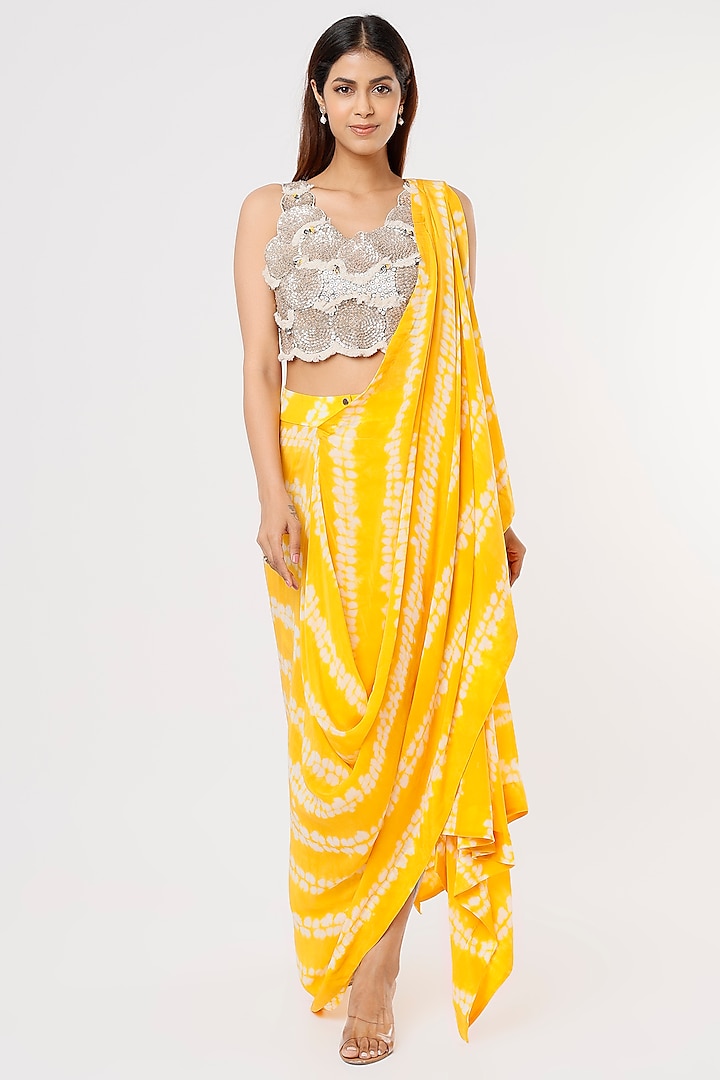 Yellow Crepe Tie-Dye Printed Pre-Draped Saree Set by Nupur Kanoi