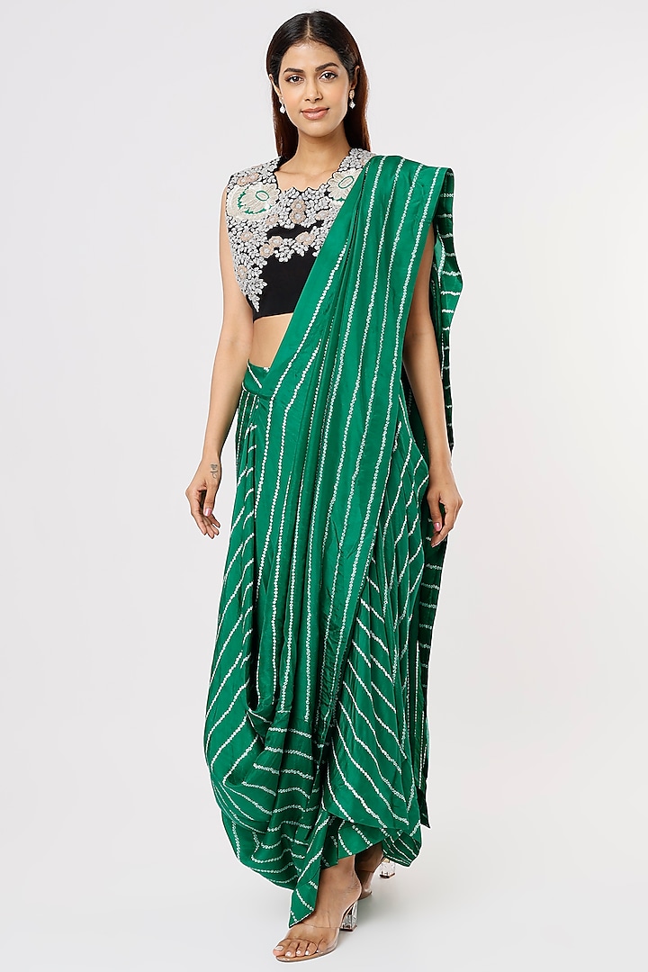 Green Crepe Bandhani Printed Pre-Draped Saree Set by Nupur Kanoi