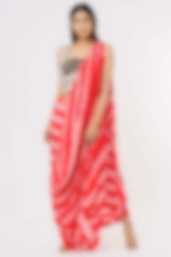 Coral Crepe Tie-Dye Printed Pre-Draped Saree Set by Nupur Kanoi