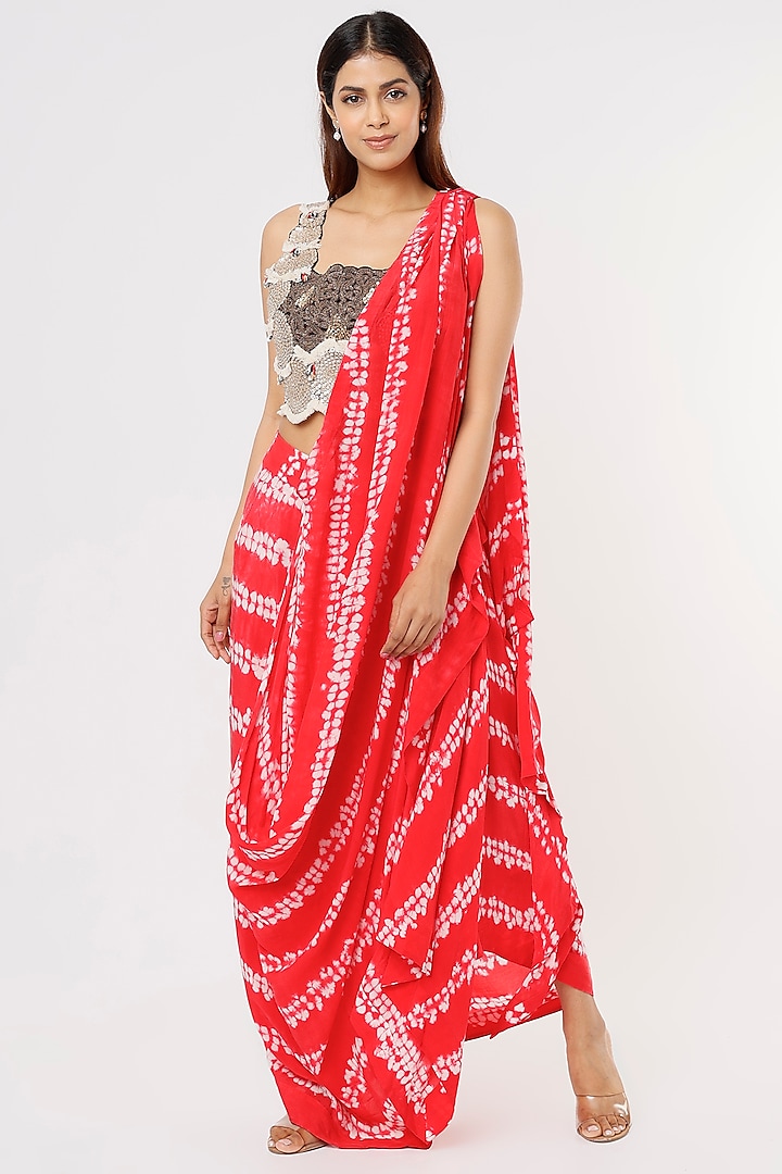 Coral Crepe Tie-Dye Printed Pre-Draped Saree Set by Nupur Kanoi