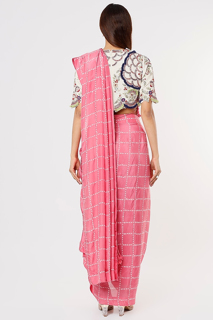 Old Rose Crepe Bandhani Printed Pre-Draped Cowl Reception Saree Set by Nupur Kanoi at Pernia's Pop Up Shop