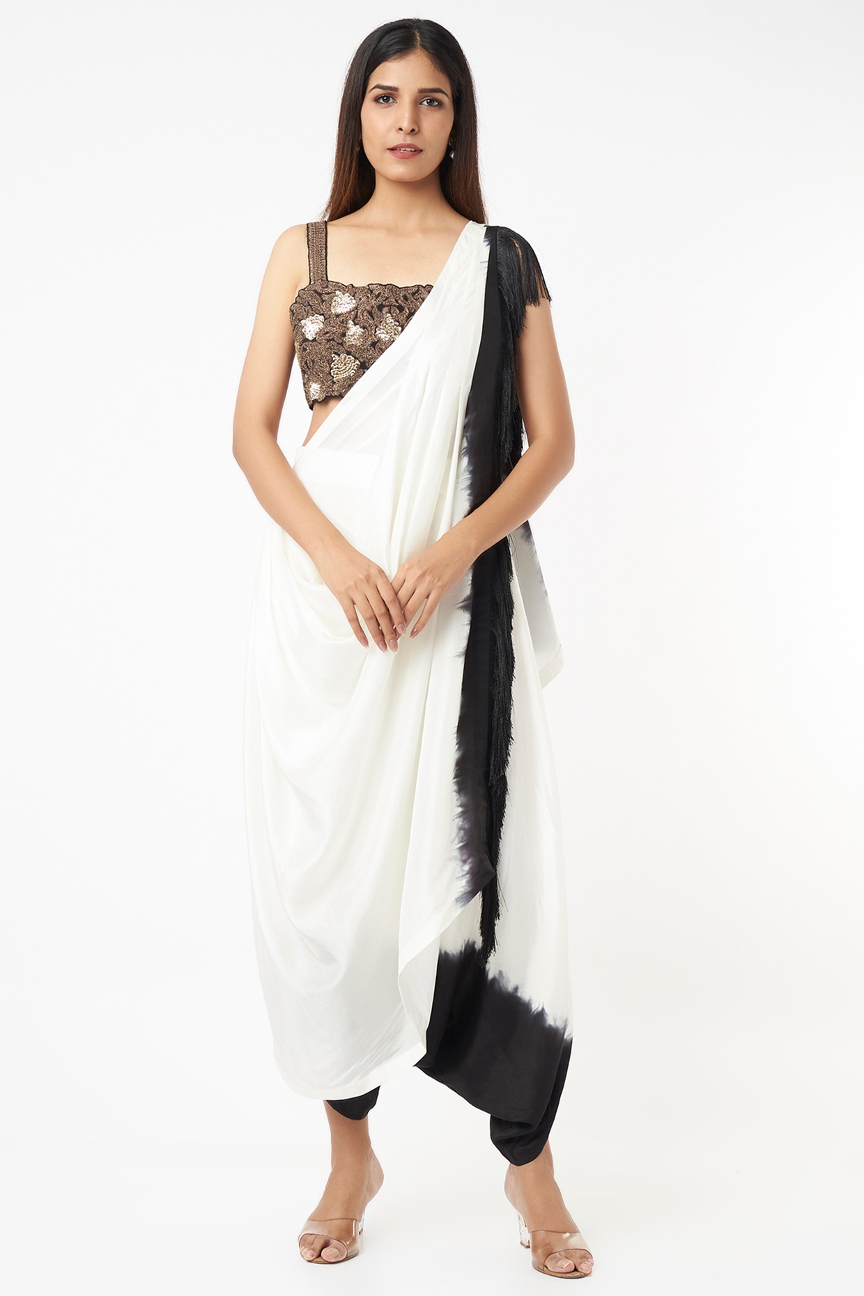 Buy Off-White And Black Dhoti Saree With Patchwork Blouse Set by Designer  NUPUR KANOI Online at Ogaan.com