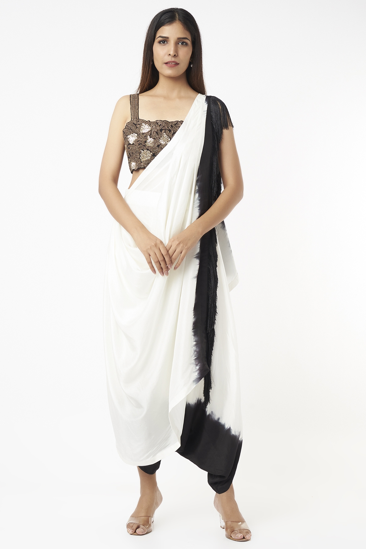 Off-White & Black Crepe Dhoti Saree by Nupur Kanoi