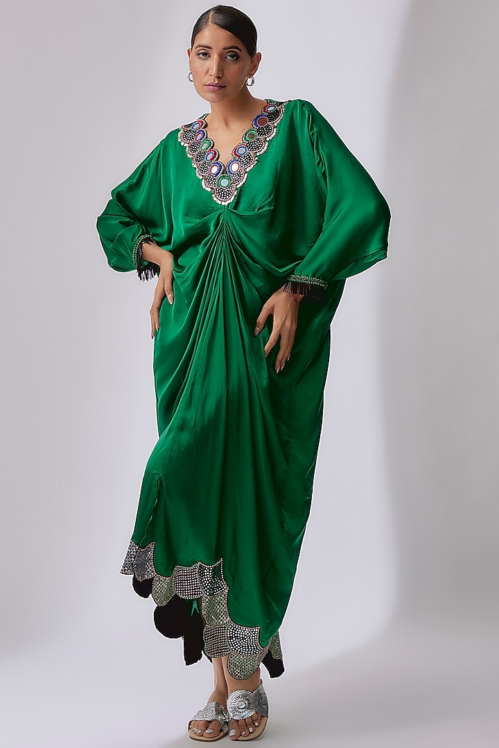Emerald Green Satin Hand Embroidered Dress by Nupur Kanoi