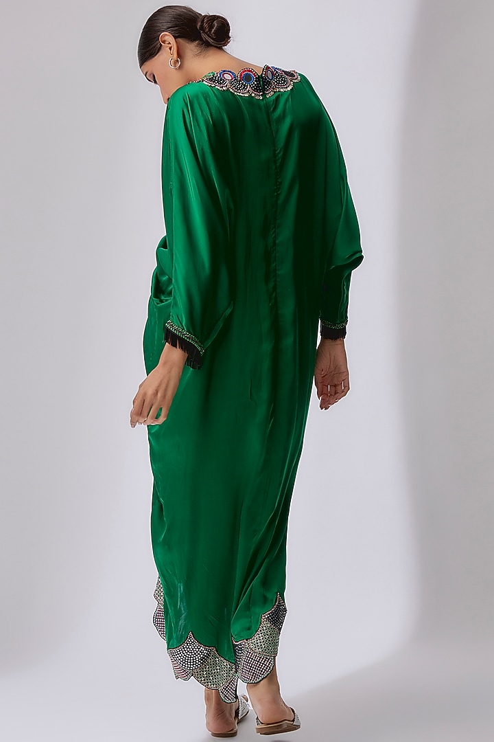 Emerald Green Satin Hand Embroidered Party Wear Dress by Nupur Kanoi at Pernia's Pop Up Shop