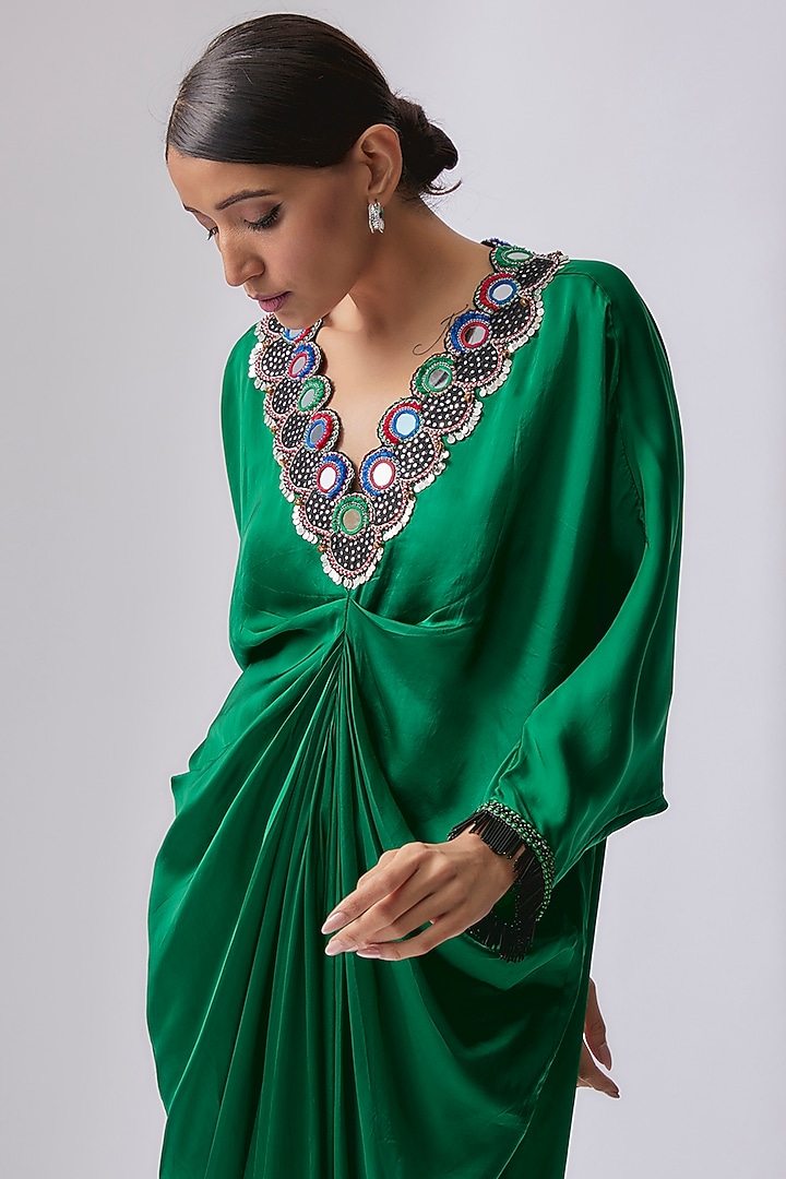 Emerald Green Satin Hand Embroidered Party Wear Dress by Nupur Kanoi at Pernia's Pop Up Shop