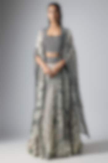 Off-White Crepe Printed & Hand Embroidered Jacket Wedding Lehenga Set by Nupur Kanoi at Pernia's Pop Up Shop