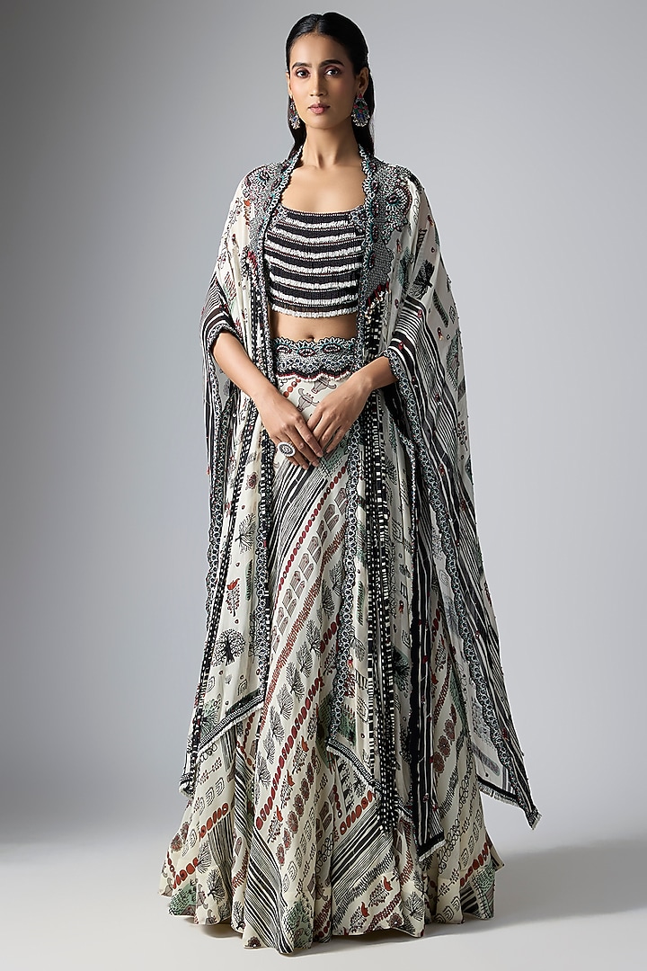 Off-White Crepe Printed & Hand Embroidered Jacket Wedding Lehenga Set by Nupur Kanoi at Pernia's Pop Up Shop