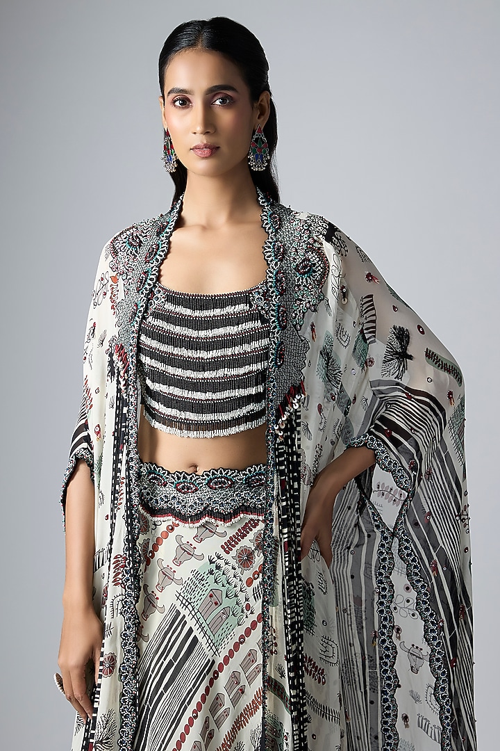 Off-White Crepe Printed & Hand Embroidered Jacket Wedding Lehenga Set by Nupur Kanoi at Pernia's Pop Up Shop