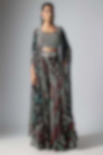 Black Crepe Printed & Hand Embroidered Jacket Wedding Lehenga Set by Nupur Kanoi at Pernia's Pop Up Shop